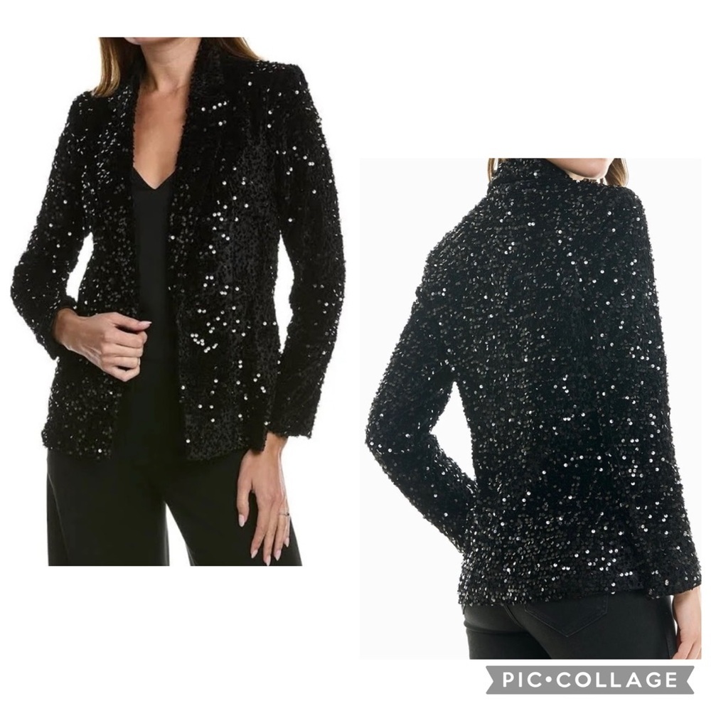 NANETTE LEPORE Women’s Black Velvet Sequin DANI Blazer Jacket Pockets Size 6
